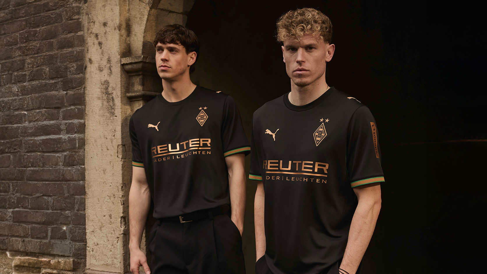 Borussia Mönchengladbach 2026/27 away kit by Puma: black with bronze and green