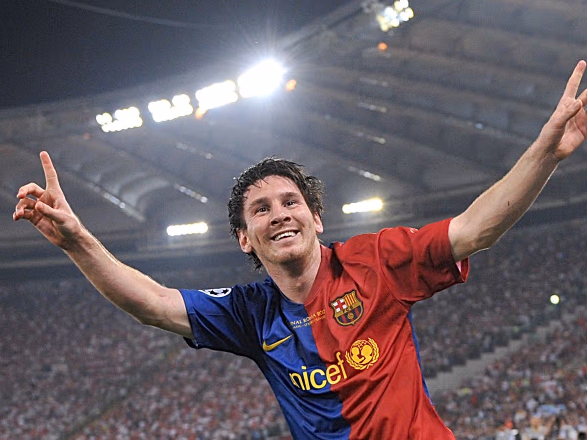 Messi celebrates after the 2009 Champions League final