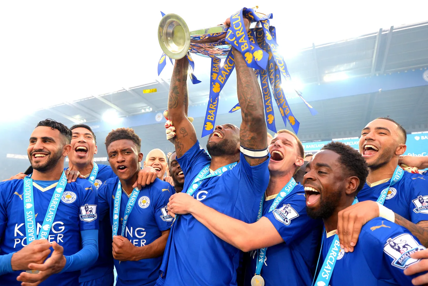 Leicester City players celebrate winning the Premier League title, May 2016