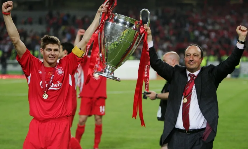 Liverpool players celebrate with the European Cup, Istanbul 2005