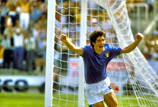 Paolo Rossi scores against Brazil in the 1982 World Cup
