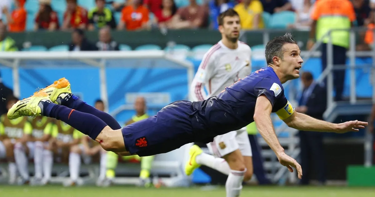 Robin van Persie's diving header against Spain, Salvador 2014
