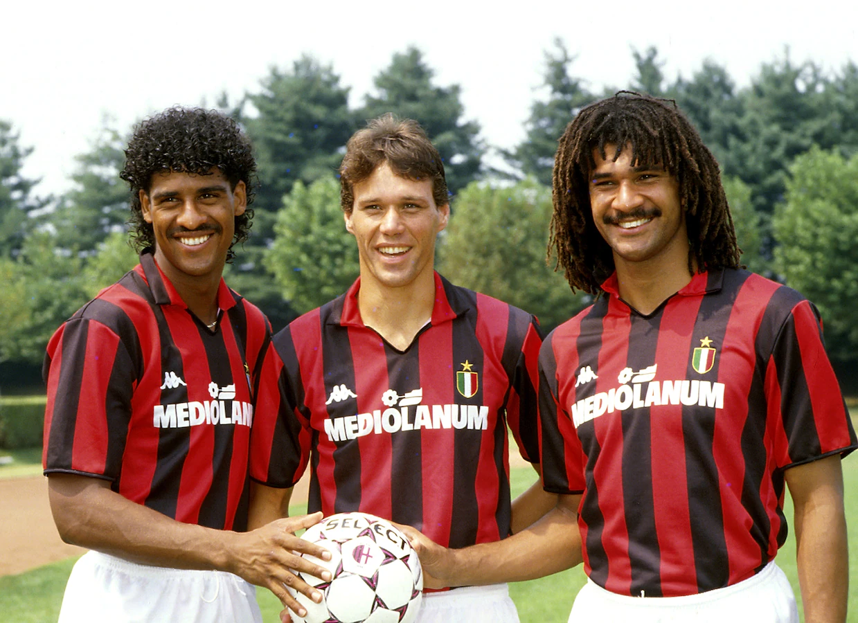 Gullit, Van Basten and Rijkaard in AC Milan Kappa kit 1988